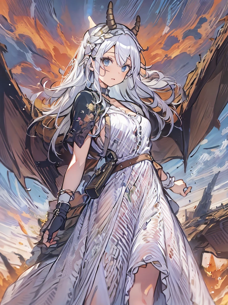((masterpiece)), ((bestquality)), 1 girl, solo, a 15-year-old girl, white hair, blue eyes, detailed face, dragonian_head, dragonian_body, dragonian_hairstyle, dragonian_horns, dragonian_tail, one white tail, white long dress, black choker, ((circlet on head)), off-shoulder, bangs, volcano, red sky, flame meteorite rain, flame, full_body_shot, looking afar