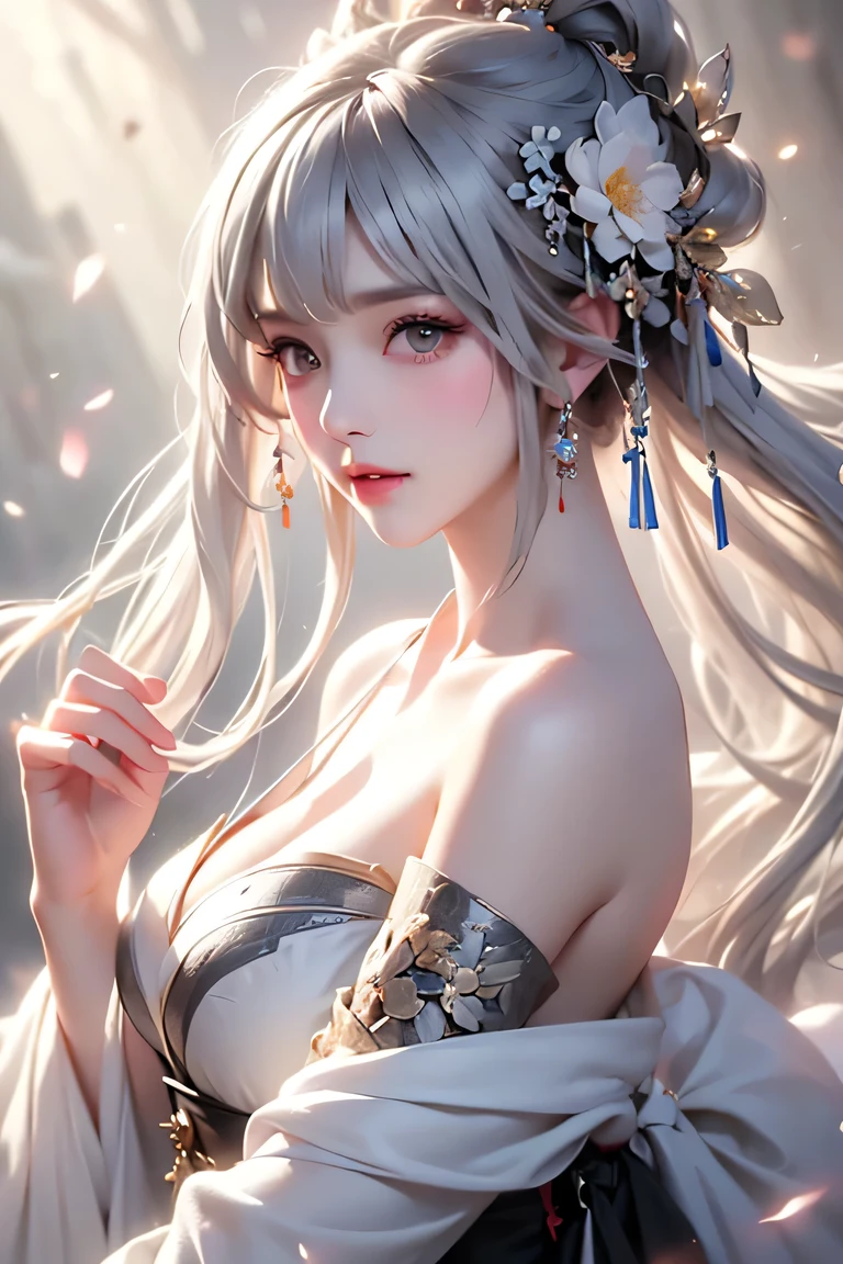 super high quality, masterpiece, Perfect illustration, Very detailed (Exquisite light and shadow, Very dramatic photo,Backlight) , ((Gray Hair:1.5))1 girl, alone, (Wearing Han clothes, Royalty、Black and white Hanfu,Thick fabric,Long sleeve) Flower Field, Flowers, (White smoke:1.3) (Realistic:1.4), Zen Intertwining, Tangled, Official Art, unity 8k wallpaper, Very detailed, Beautiful and beautiful, masterpiece, highest quality, (Dynamic Angle: 1.4), Glowing Skin, (Floating colorful flashes: 1) The most beautiful chaotic shapes, elegant, Brutalist Design, Bright colors, Romantic Depth of Field Exotic_dance, half_naked、((Off the shoulder、medium breasts、Beautiful cleavage))