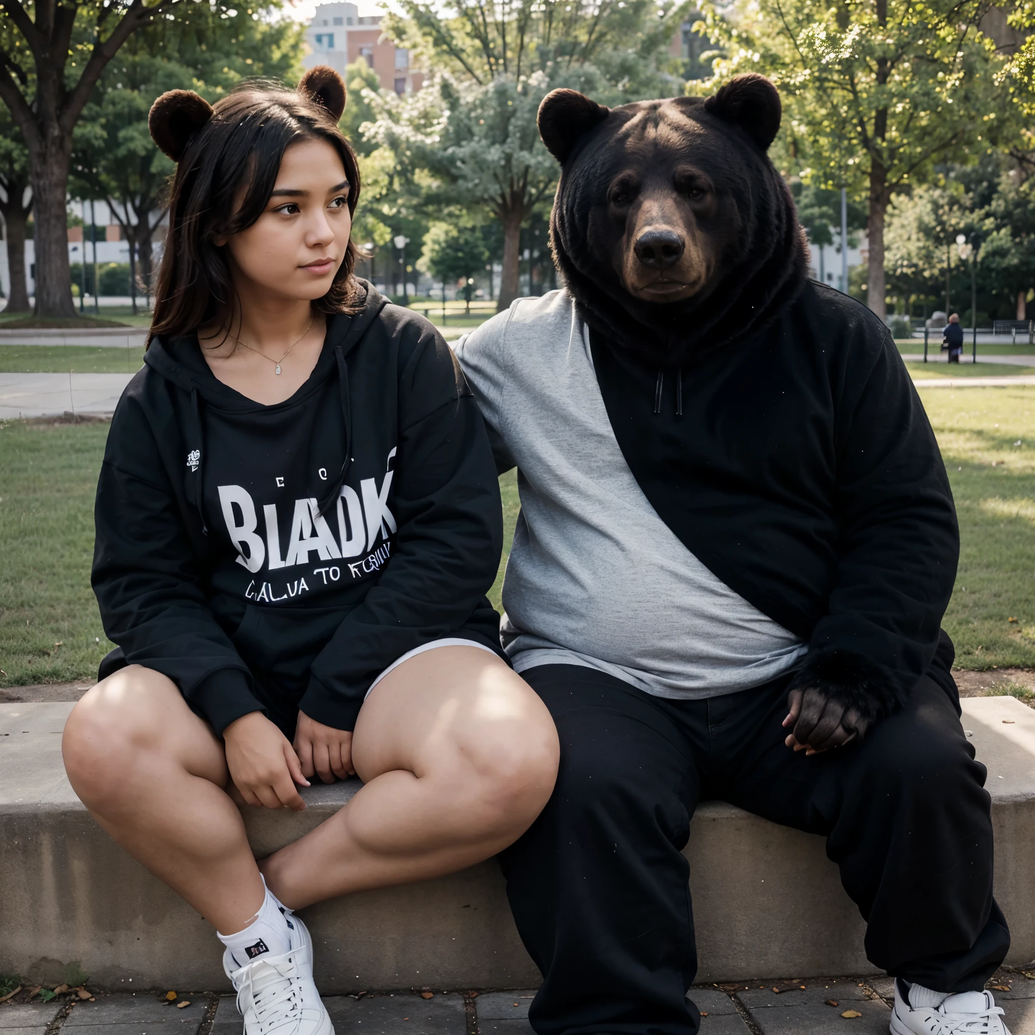 A black fat bear is sitting with a boy. Looks like they are boyfriend girlfriend. They are sitting in a park