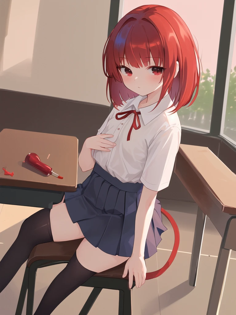 Masterpiece,Wine red hair,Side Tail(right),Short Bob,Young,shirt,Chest ribbon,mini skirt,classroom