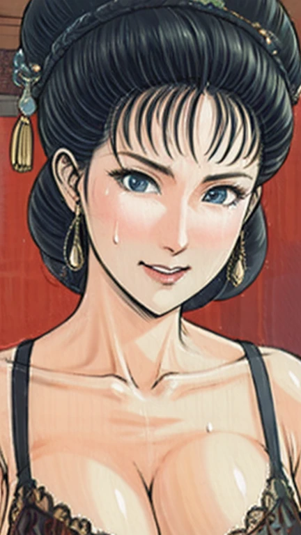 (best quality), (very aesthetic), (ultra-detailed), (best illustration),(a mature female),(perfect face),Suikoden,Mrs. Lin,(((NSFW))),((full_body)),((full_nude)),(crying),Covers mouth with right hand,red cheek,sweating,skinny,flushed skin,(hairly pussy),Double blowjob,chinese traditional bed room,overhead view