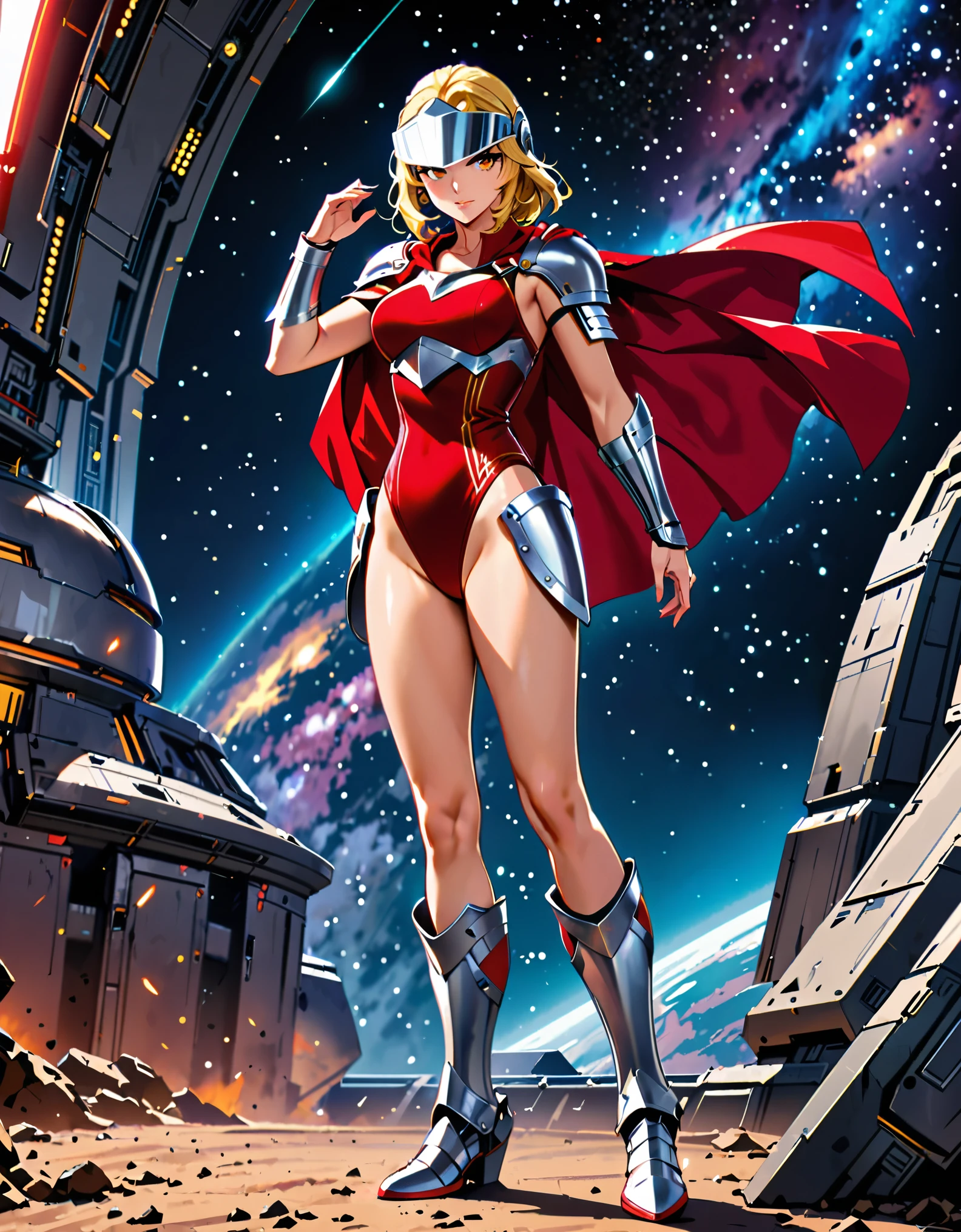 ((masterpiece)), ((best quality)), ((high res)), (dynamic villain pose), (solo, solo focus), standing, italian, (blonde hair, brown eyes), ((beautiful detailed eyes)), (a woman in a yellow and red costume and red cape), (leotard, bare legs), (roman helmet with futuristic visor, matching armored boots), (perfect hands, perfect ???????), space backdrop