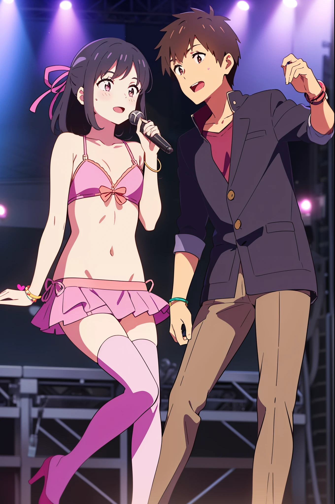 shinkai makoto, kimi no na wa., 1girl, 1boy, bangs, black hair, short hair, blush, brown eyes, (boy wear shirt, jacket, pants), ((girl wear idol dress, collarbone, red ribbon, pink bikini, pink skirt, short skirt, Off-the-shoulders, black thighhighs)), bracelet, smile, cute, love, couple, adorable, dating, outdoors, looking at viewers, open mouth, singing, concert, stage, dynamic pose