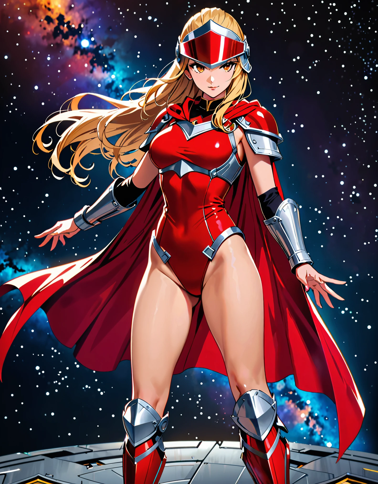 ((masterpiece)), ((best quality)), ((high res)), (dynamic villain pose), (solo, solo focus), standing, italian, (blonde hair, brown eyes), ((beautiful detailed eyes)), (a woman in a yellow and red costume and red cape), (leotard, bare legs), (roman helmet with futuristic visor, matching armored boots), (perfect hands, perfect anatomy), space backdrop, full body costume design.