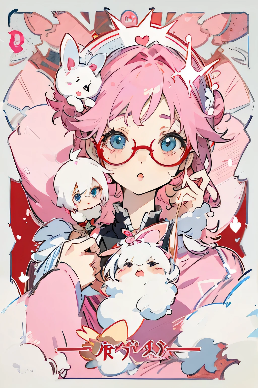 Pink hair, cute bunny girl, blue eyes, pale skin, wearing red glasses, cute, kawaii, masterpiece, high quality, detailed face