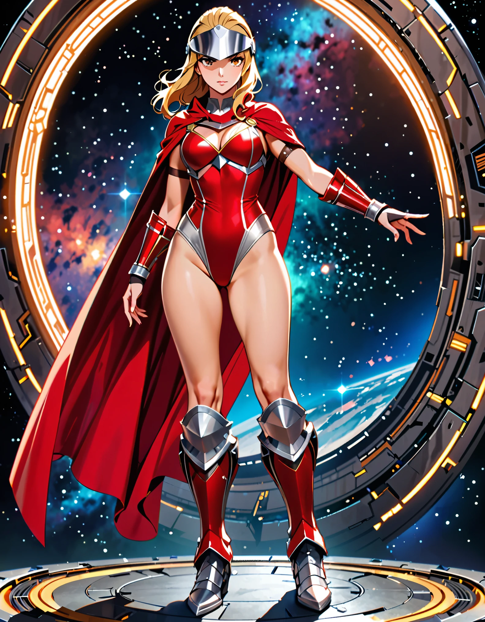 ((masterpiece)), ((best quality)), ((high res)), (dynamic villain pose), (solo, solo focus), standing, italian, (blonde hair, brown eyes), ((beautiful detailed eyes)), (a woman in a yellow and red costume and red cape), (leotard, bare legs), (roman helmet with futuristic visor, matching armored boots), (perfect hands, perfect anatomy), space backdrop, full body costume design.