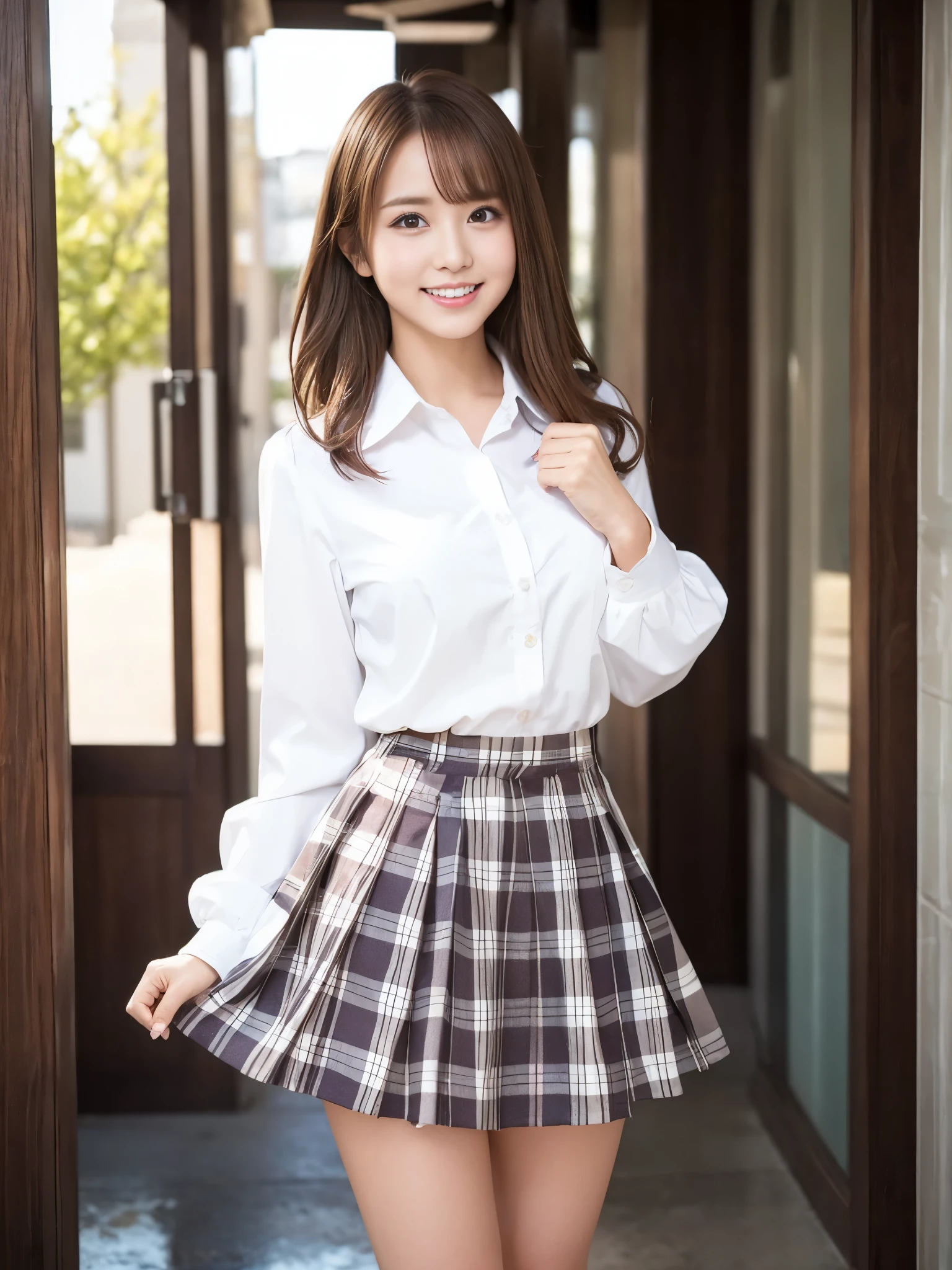 A beautiful Japanese shy girl, age 18 years old, short brown hair, brown big eyes, shiny lip, shiny hair, ecstatic expression, wearing white blouse, plaid skirt, The background is very blurry, wearing high heels, A photo showing the whole body, in school scape,