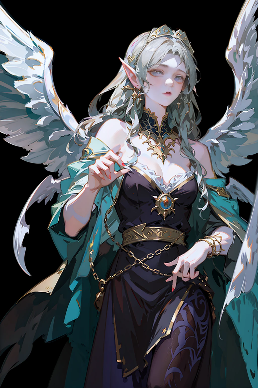 Peacock feathers, blonde hair, gauze, laser sheeves, gem, coloured glaze,mature female,1girl,solo,