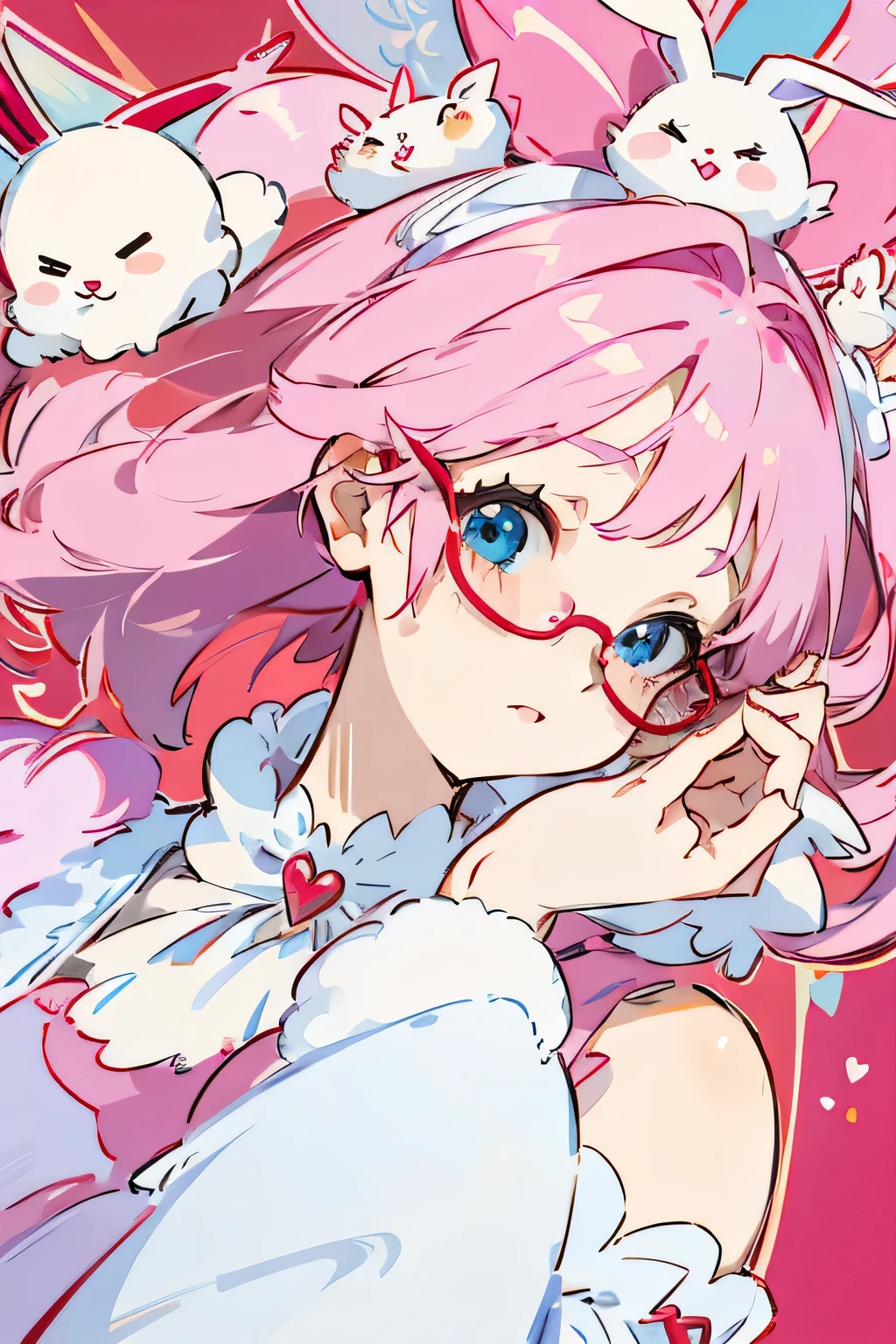 Pink hair, cute bunny girl, blue eyes, pale skin, wearing red glasses, cute, kawaii, masterpiece, high quality, detailed face