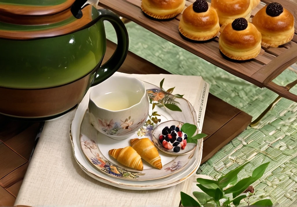 At the back is a vintage teapot with floral patterns、Soft and warm natural lighting、The table is made of light-colored wood、The tea set is delicate and elegant、The table is decorated with fresh flowers、A plate of assorted pastries is placed in the center、There is a book about tea on the side、The atmosphere is peaceful and relaxing、The steam from the teacup rises gently、The tea leaves in the teapot are visible、Each detail is meticulously crafted、The colors are vibrant and rich、There is a sense of tranquility and harmony in the scene、The background is a cozy living room、The composition is balanced and visually appealing、The textures of the objects are realistic and lifelike、The shadows and highlights are carefully rendered、The image has a timeless and classic feel.