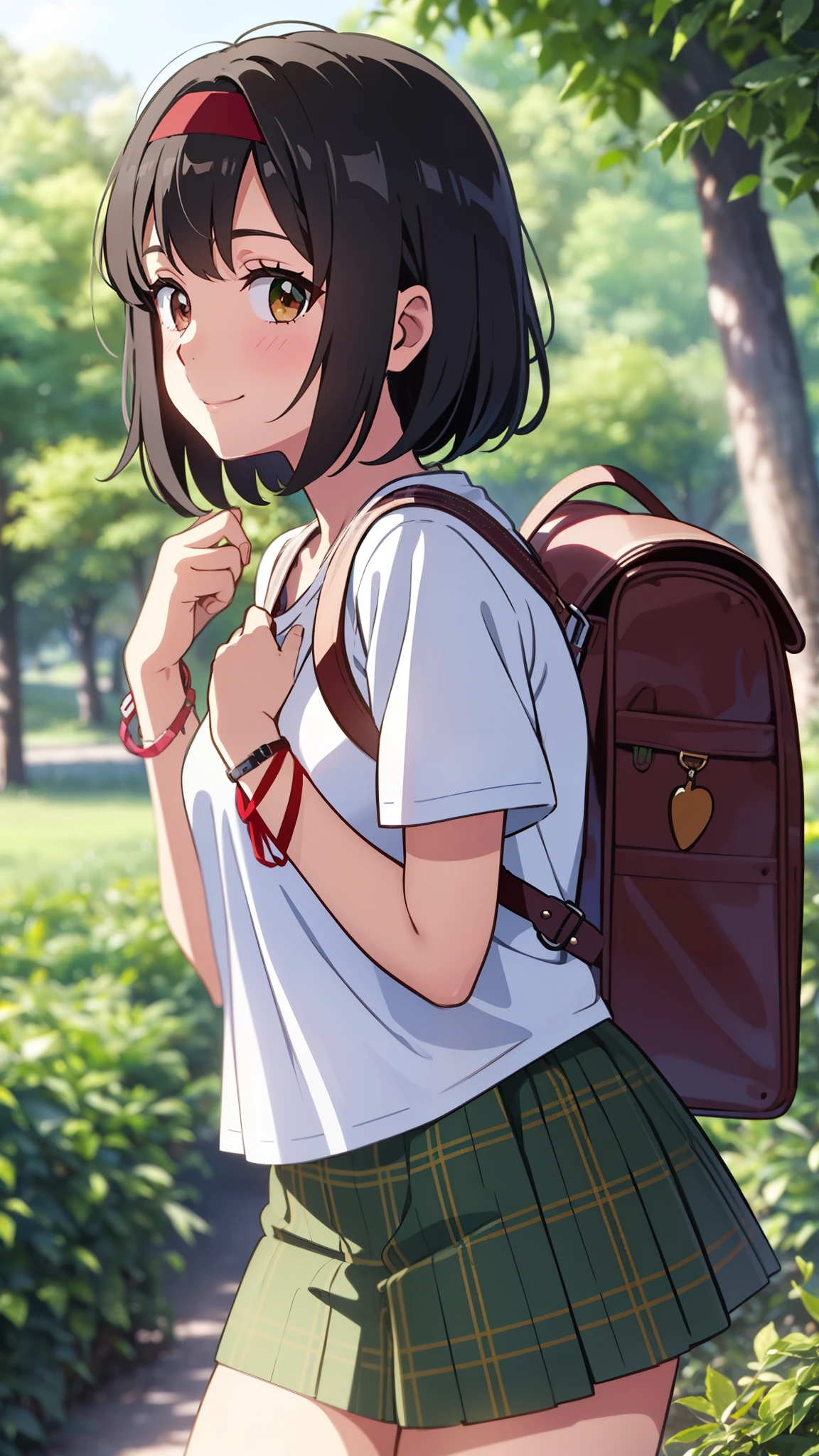 shinkai makoto, kimi no na wa., 1girl, 1boy, bangs, black hair, short hair, blush, black hair, short hair, brown eyes, (boy wear casual shirt, shorts), ((girl wear casual shirt, red headband, red ribbon, green skirt, plaid skirt)), t-shirt, bracelet, cute, love, couple, adorable, dating, outdoors, beautiful, shinny skin, looking at viewer, smile, cute, forest and farm background, backpack