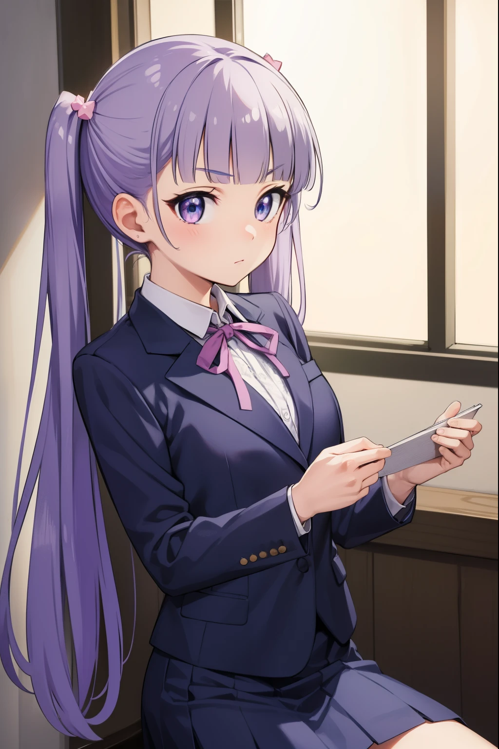 aobasuzukaze, aoba suzukaze, eyebrows, hair ornament, long hair, (purple eyes:1.1), purple hair, twintails,
BREAK blue skirt, bow, bowtie, business suit, dress shirt, formal, neck ribbon, pink bow, pink bowtie, pink ribbon, ribbon, shirt, skirt, skirt suit, suit, white shirt,
BREAK looking at viewer,
BREAK indoors, office,
BREAK (masterpiece:1.2), best quality, high resolution, unity 8k wallpaper, (illustration:0.8), (beautiful detailed eyes:1.6), extremely detailed face, perfect lighting, extremely detailed CG, (perfect hands, perfect anatomy),