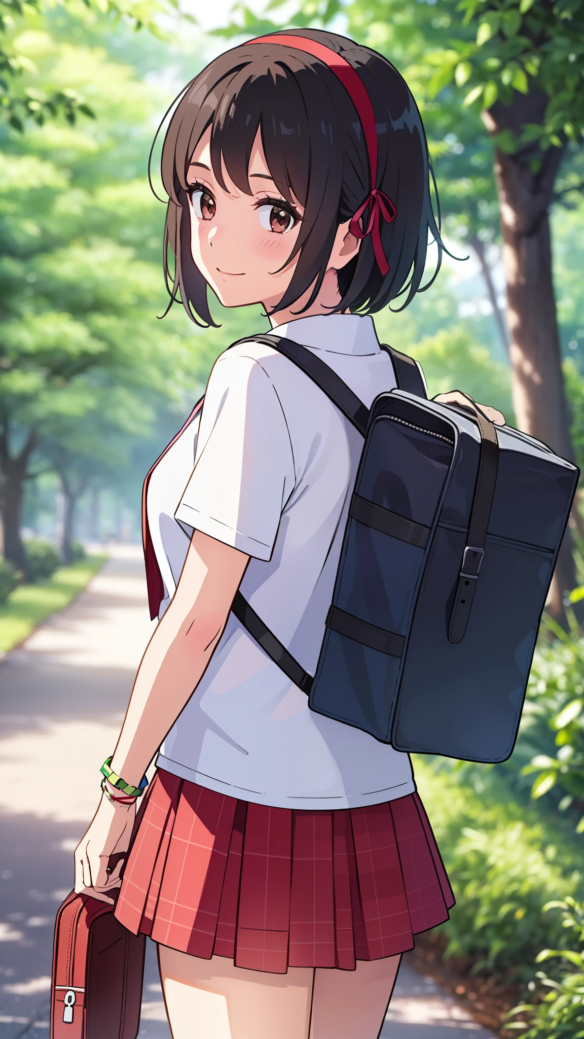 shinkai makoto, kimi no na wa., 1girl, 1boy, bangs, black hair, short hair, blush, black hair, short hair, brown eyes, (boy wear casual shirt, shorts), ((girl wear casual shirt, red headband, red ribbon, green skirt, plaid skirt)), t-shirt, bracelet, cute, love, couple, adorable, dating, outdoors, beautiful, shinny skin, looking at viewer, smile, cute, forest and farm background, backpack