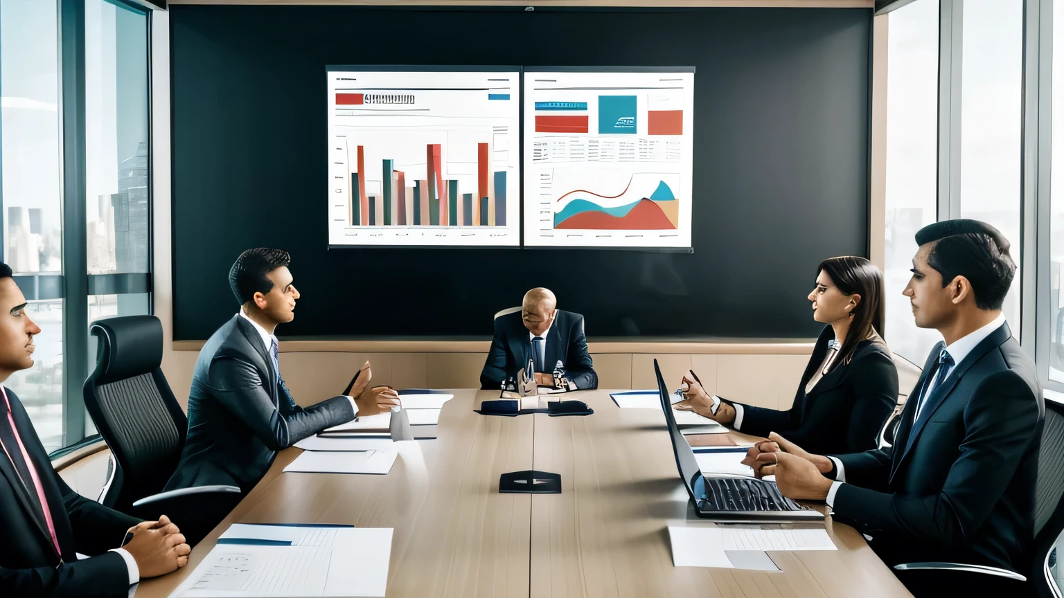 A boardroom filled with high-ranking executives engaged in a heated discussion, gesturing emphatically as they debate strategy and decision-making. Charts and graphs adorn the walls, illustrating data and trends relevant to the agency's operations. The atmosphere is tense yet focused, highlighting the power dynamics at play within the upper echelons of leadership.
