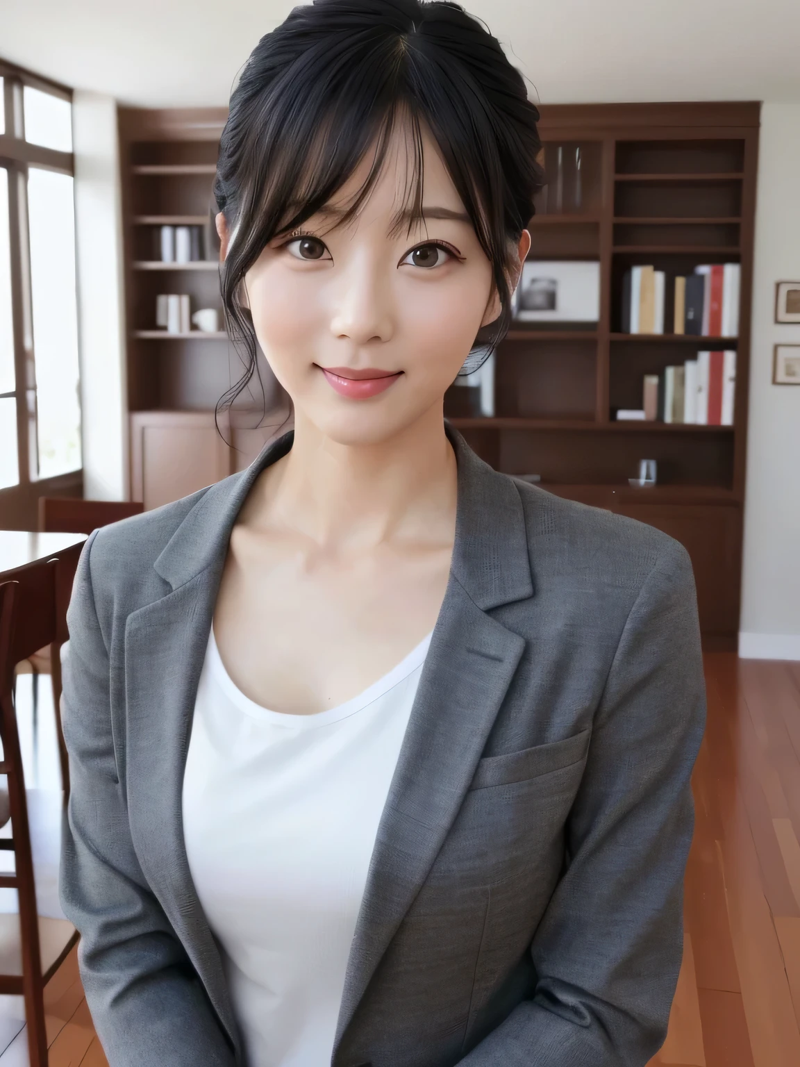 masterpiece,highest quality, (One mature woman、42 years old), Grey blazer, White shirt, double eyelid, eyelash, Lip gloss, (smile:1), ((近い your eyes:0.85)), ((Looking at the audience、Whole body image、Are standing)), to be born, (From above:0.2), ((no one)),Written boundary depth、Pointy red mouth、(Short black hair),Red Mouth,clavicle、Full body portrait、 (Realistic:1.3),(RAW Photos)、(Wooden furniture room:1.2)、(Are you standing in front of a large desk?)、(Wall-to-wall bookshelves、Legal Book)、(Slightly dim lighting)、