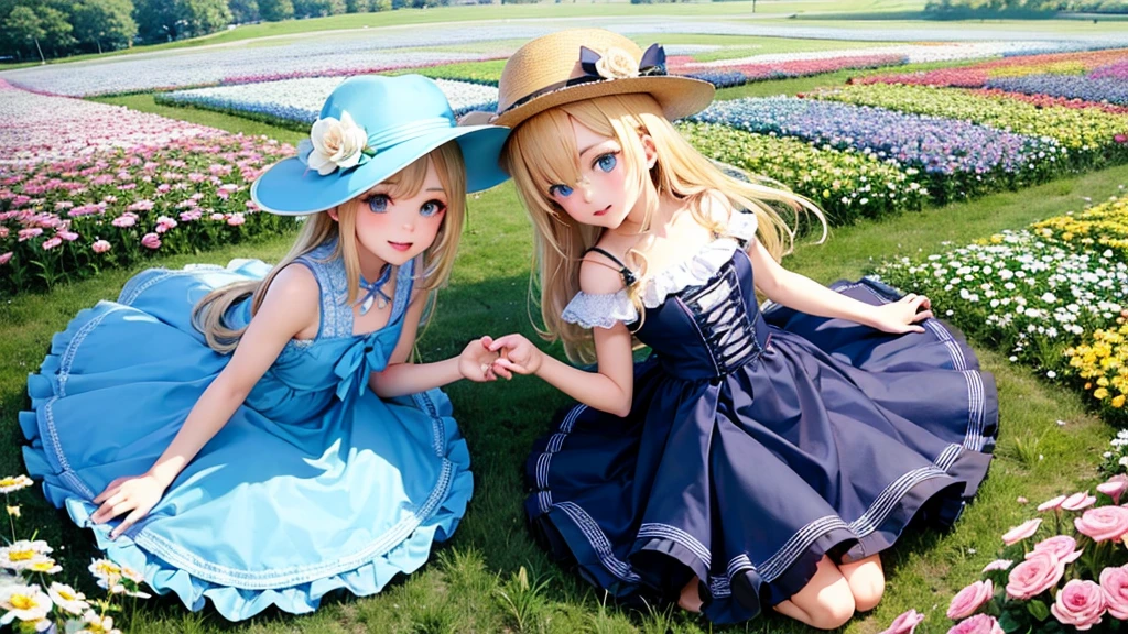 Blonde　Medium Hair　Blue Eyes　beautiful girl　Light blue hat　twins　twinsコーデ　Flower Field