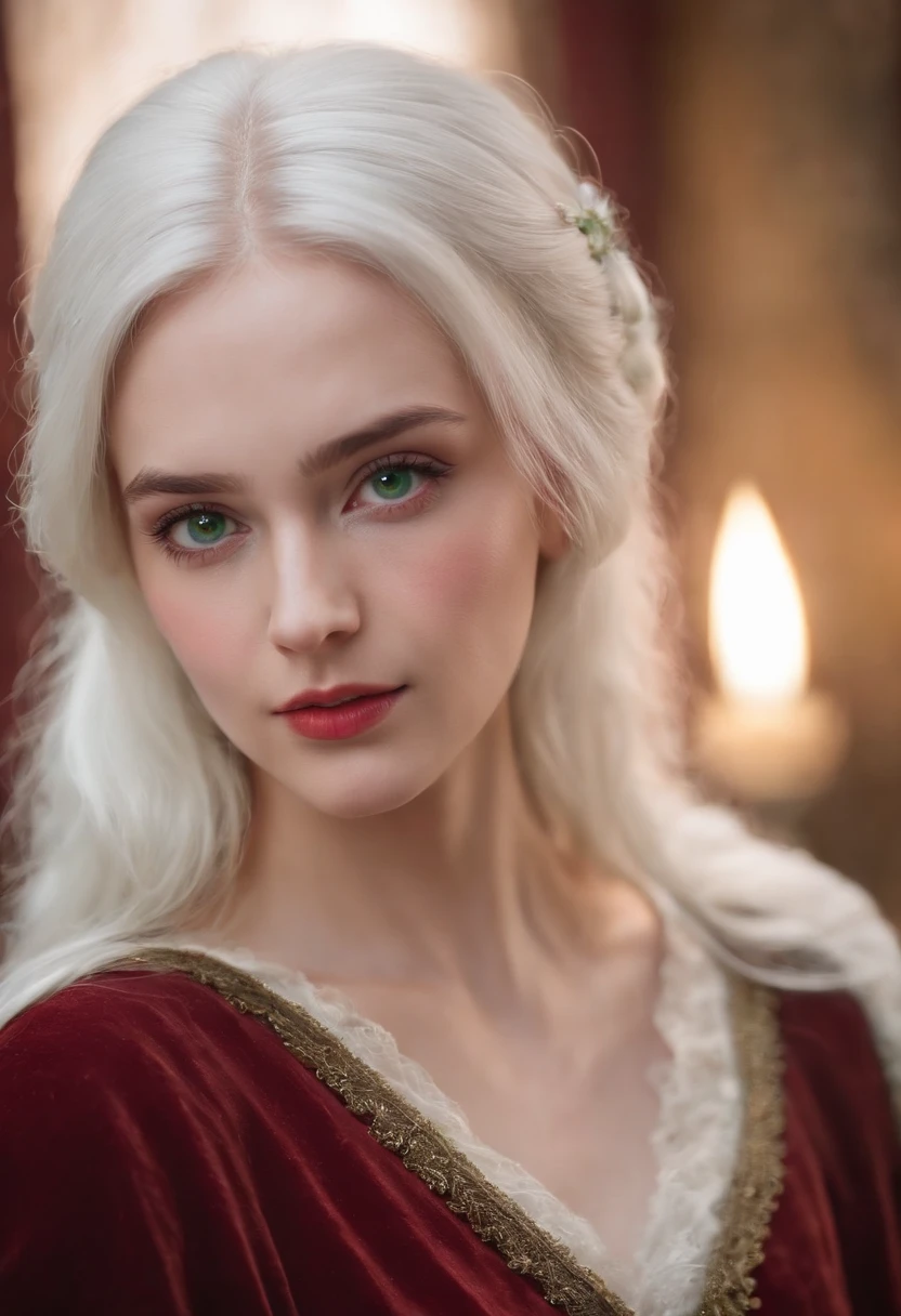 (((a deep reddish wound crosses her left cheek))) fair complexion, woman around 19 years old, natural white hair, distinctive green eyes, wearing kohl, slender and graceful, beautiful, candlelight in a medieval setting, ultra sharp focus, realistic shot, medieval female clothes, tetradic colors (scar:1.4)