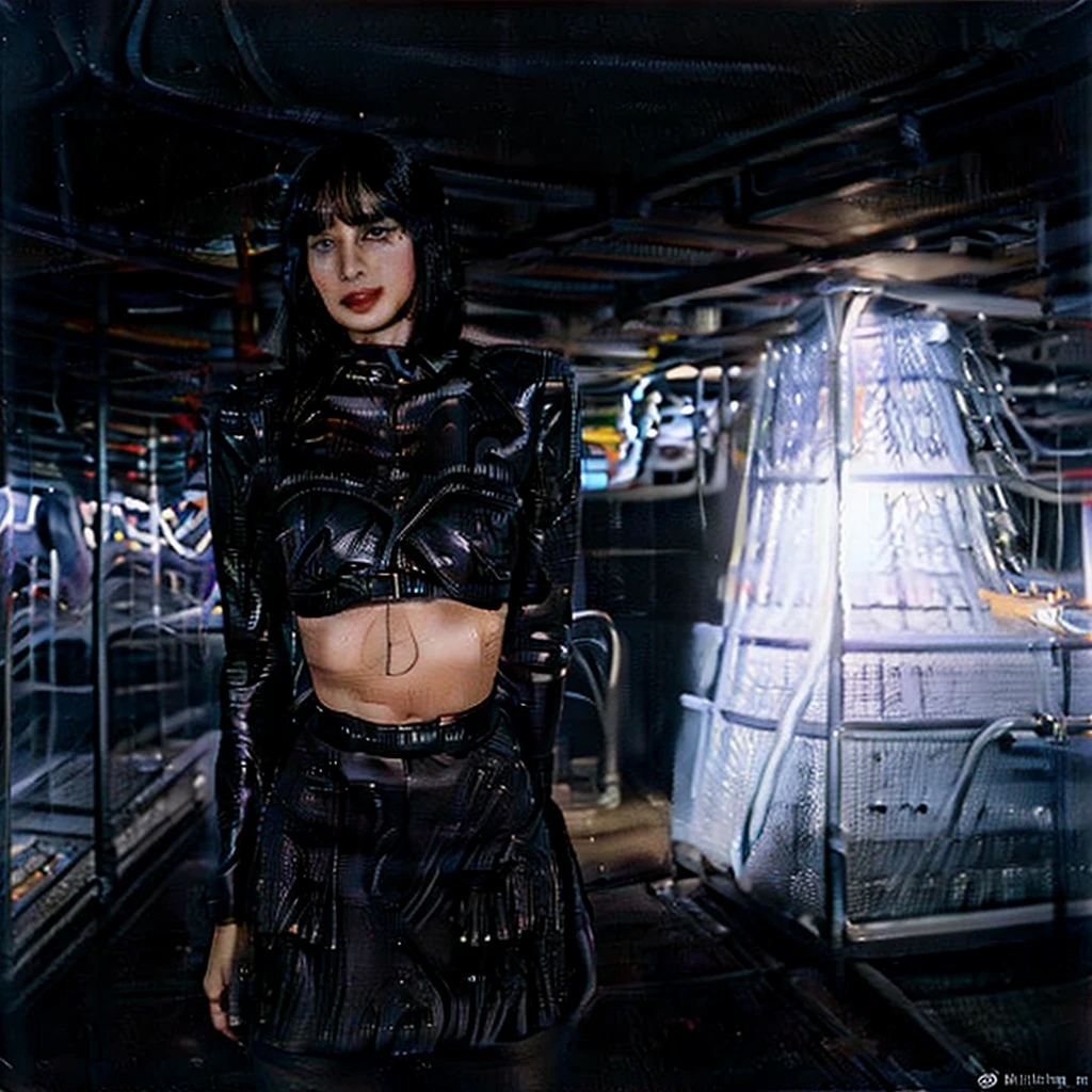 A woman in a scan sexy outfit, checks he instruments on a futuristic space ship. suggestive poses. flirtive looks