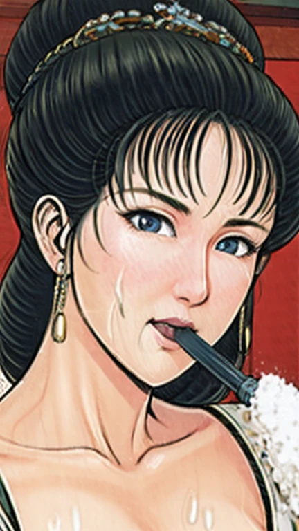 (best quality), (very aesthetic), (ultra-detailed), (best illustration),NSFW,a mature female,Perfect Face,Suikoden,Mrs. Lin,(full_body),big breast,red cheek,Sweating,skinny, chinese traditional lingerie,chinese traditional style bed,White semen is stuck to the mouth,Wiping his mouth with his hand。