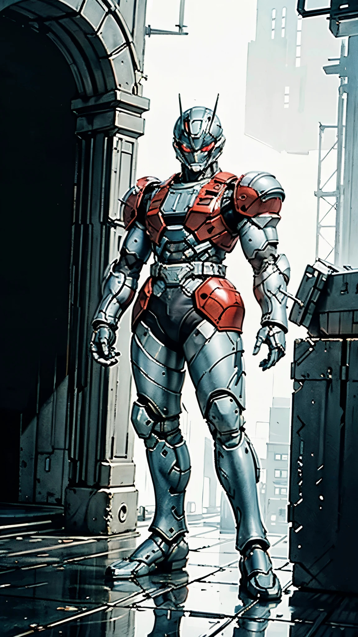 A man wearing a full-face helmet, a fantasy-style biotech armored combat suit, green eyes, (a composite layered chest armor), fully enclosed shoulder guards, matching arm and leg guards, the belt is adorned with fangs biting into gem, (the color scheme is primarily black with red accents), the design balances heavy with agility, a high-tech bio-mecha armor, (Armor Concept Inspired by Godzilla, stand on the top of a skyscraper in a futuristic sci-fi city), this character embodies a finely crafted fantasy-surreal style armored hero in anime style, exquisite and mature manga art style, (element, plasma, energy, the armor glows), ((male:1.5)), metallic, real texture material, dramatic, high definition, best quality, highres, ultra-detailed, ultra-fine painting, extremely delicate, professional, perfect body proportions, golden ratio, anatomically correct, symmetrical face, extremely detailed eyes and face, high quality eyes, creativity, RAW photo, UHD, 32k, Natural light, cinematic lighting, masterpiece-anatomy-perfect, masterpiece:1.5