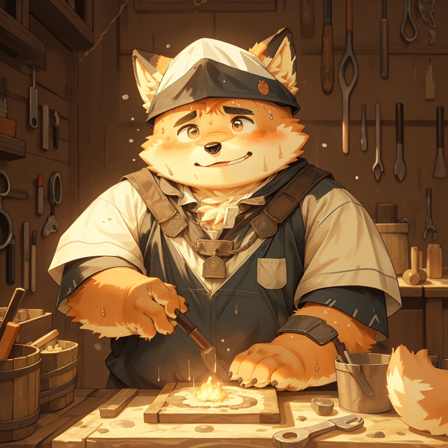 New Jersey 5 Furry,fox,portrait,(Solitary),child,Beautifully,Chubby,Orange plush fur,Cute face,Black eyebrows,(Expedition Clothing), Fluffy fur, Fluffy), (In the medieval workshop), (forging), (sweat:1.2), Surrounded by work tools, masterpiece,best quality, Play,Smile,blush,Sweating