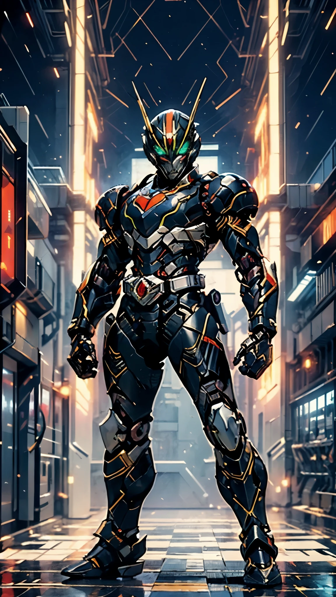 A man wearing a full-face helmet, a fantasy-style biotech armored combat suit, green eyes, (a composite layered chest armor), fully enclosed shoulder guards, matching arm and leg guards, the belt is adorned with fangs biting into gem, (the color scheme is primarily black with red accents), the design balances heavy with agility, a high-tech bio-mecha armor, (Armor Concept Inspired by Godzilla, stand on the top of a skyscraper in a futuristic sci-fi city), this character embodies a finely crafted fantasy-surreal style armored hero in anime style, exquisite and mature manga art style, (element, plasma, energy, the armor glows), ((male:1.5)), metallic, real texture material, dramatic, high definition, best quality, highres, ultra-detailed, ultra-fine painting, extremely delicate, professional, perfect body proportions, golden ratio, anatomically correct, symmetrical face, extremely detailed eyes and face, high quality eyes, creativity, RAW photo, UHD, 32k, Natural light, cinematic lighting, masterpiece-anatomy-perfect, masterpiece:1.5