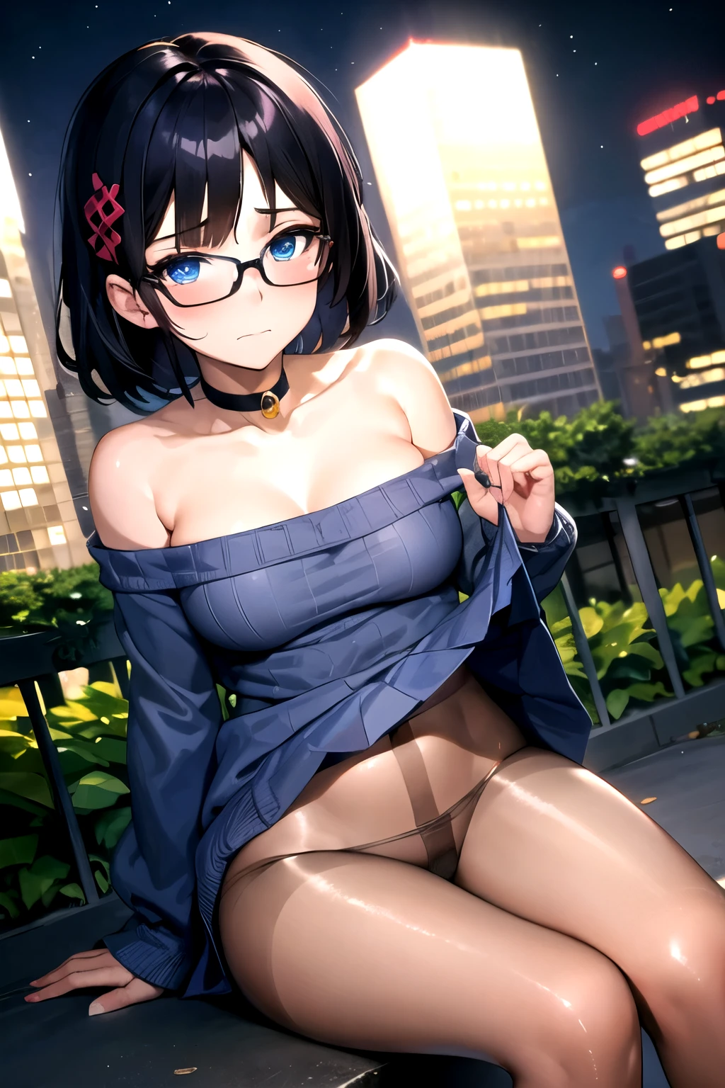 masterpiece, best quality, wallpaper, 1girl, purple short hair, black hair, sky blue eyes, hair accessories, cute, innocent, off-shoulder sweater, , brown tight skirt, 35 years old female, innocent, safe for work, wholesome, city streets, night, fashion, mature face, mature body, slender body, slender legs, medium breast, sitting pose, front view, embarrassed face, front view, low angle, black pantyhose, off-shoulder sweater, glasses, perfect hands, panty visible, sitting, underwear visible, lifting skirt up, wearing choker, moe,