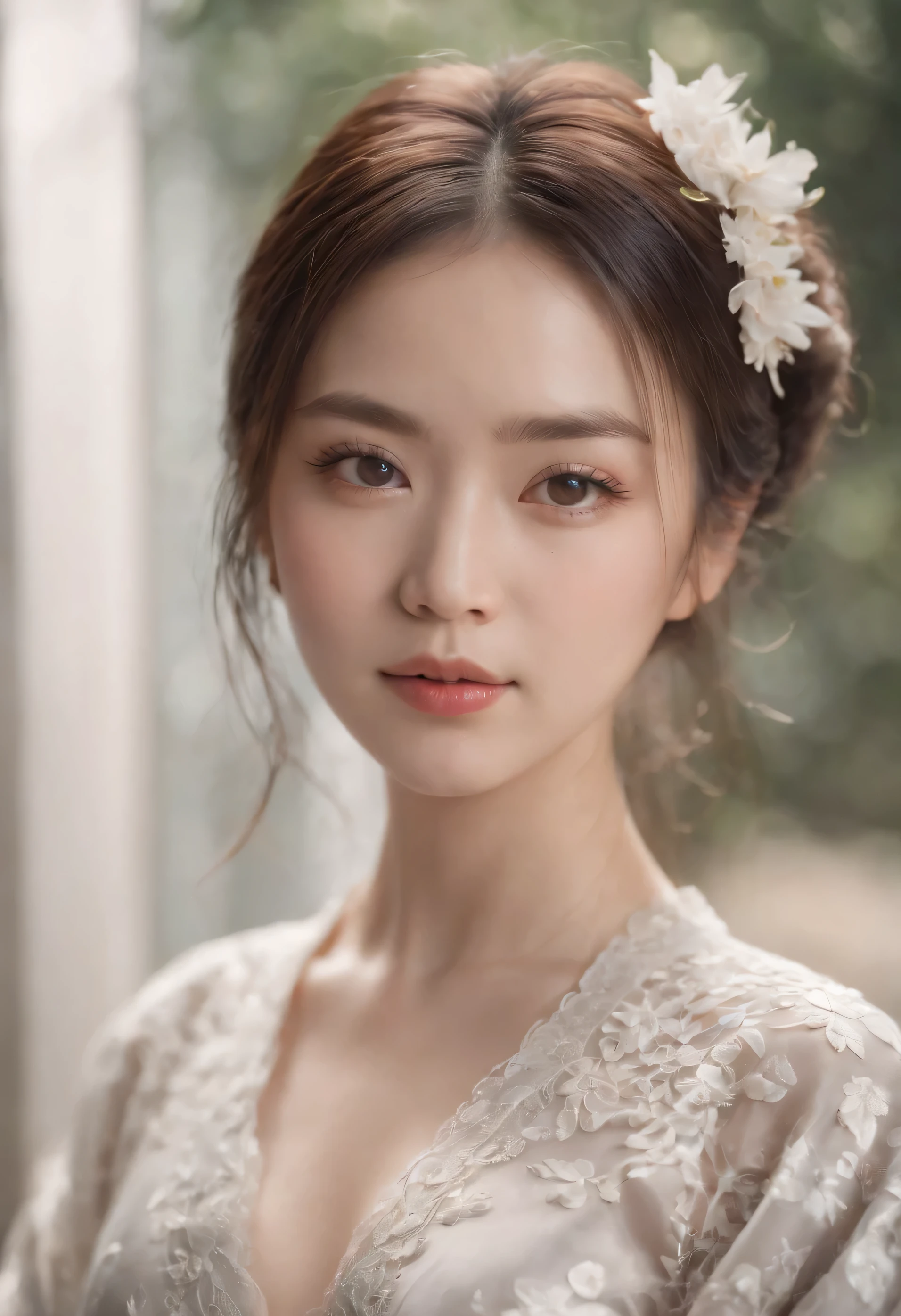 Realistic portrait, Official Art, Unity 8k wallpaper, super detailed, beautiful, beautiful Asian girl, focused on detailed face, has a little to no darkspots,facing camera and looking at camera, 3/4 angle, masterpiece, best quality, dark, atmospheric, mystical, romantic, creepy, literature, art, fashion, show era, decoration, intricacies, fur products, lace, contemplation, emotional depth, supernatural, lace design kimono mix with traditional chinese dress, 1girl, solo, neck, bust composition, Realistic, bokeh, lens_flare,Natural light,portrait,Grey Film filter,(KODAK Ektar 100:1.2)