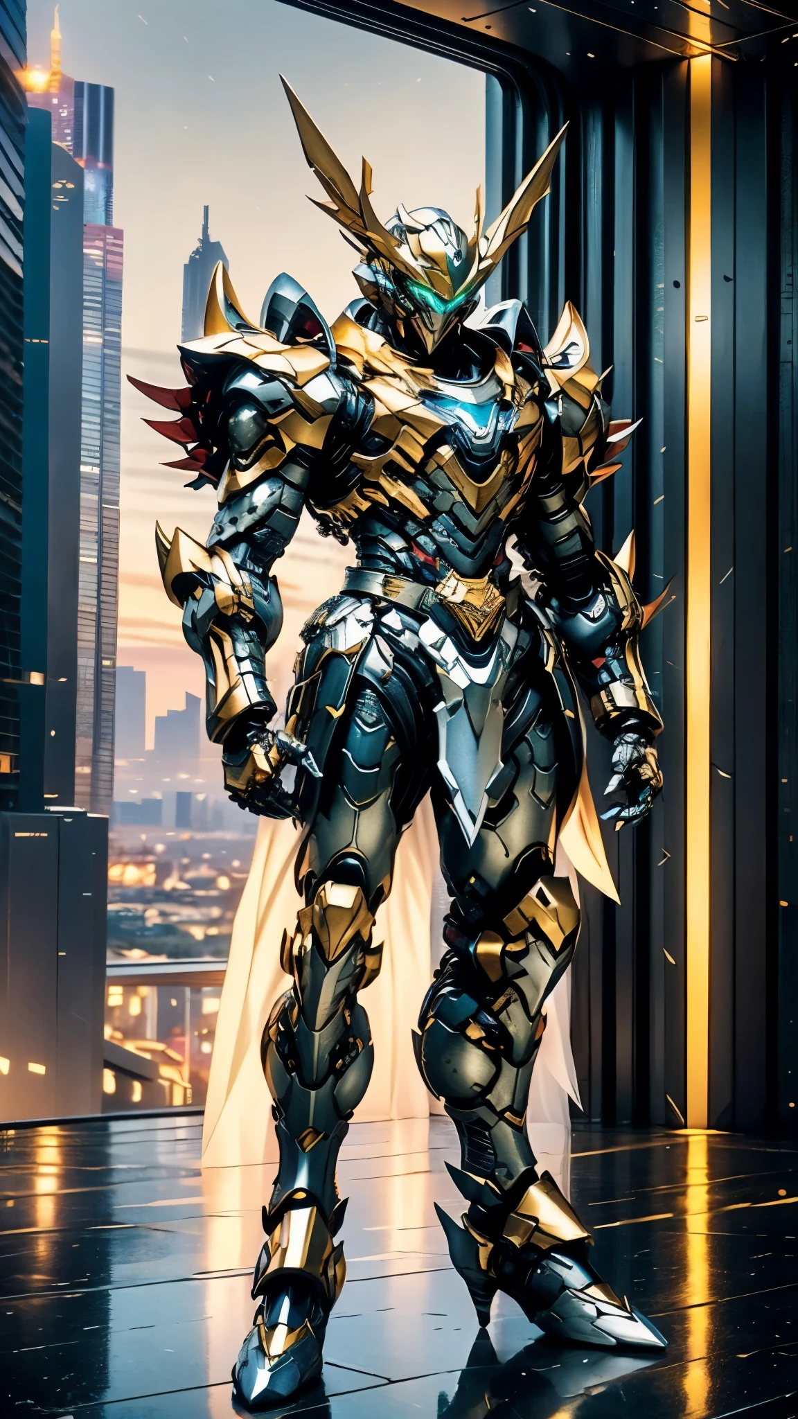 A man wearing a full-face helmet, a fantasy-style biotech armored combat suit, green eyes, (a composite layered chest armor), fully enclosed shoulder guards, matching arm and leg guards, the belt is adorned with Falcon Wing, (the color scheme is primarily white with red and blue accents), the design balances heavy with agility, a high-tech bio-mecha armor, (Armor Concept Inspired by Falcon, stand on the top of a skyscraper in a futuristic sci-fi city), this character embodies a finely crafted fantasy-surreal style armored hero in anime style, exquisite and mature manga art style, (element, plasma, energy, the armor glows), ((male:1.5)), metallic, real texture material, dramatic, high definition, best quality, highres, ultra-detailed, ultra-fine painting, extremely delicate, professional, perfect body proportions, golden ratio, anatomically correct, symmetrical face, extremely detailed eyes and face, high quality eyes, creativity, RAW photo, UHD, 32k, Natural light, cinematic lighting, masterpiece-anatomy-perfect, masterpiece:1.5