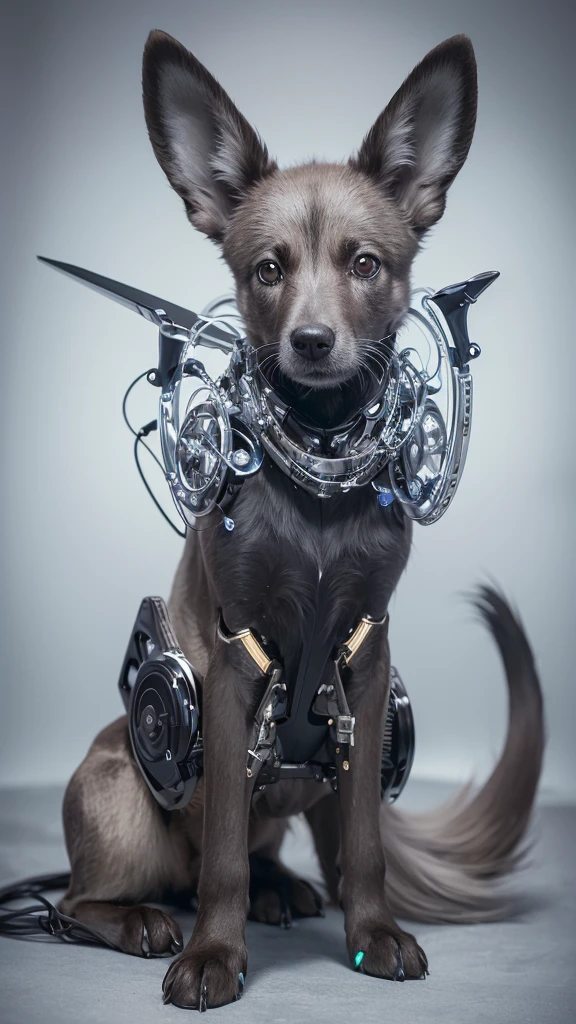 Imagine a unique and surprising dog that combines the beauty of an animal with the precision of mechanical engineering. This super-realistic dog has a shiny, soft coat that blends perfectly with the metallic and machined parts of its body.. Sus ojos brillan con una luz inteligente y curiosa, while their mechanical ears move precisely to pick up distant sounds. Every step you take reveals a delicate balance between the organic and the artificial., with metal legs that unfold with grace and elegance. Its sensitive nose is equipped with high-tech sensors, and its mechanical tail swings with almost hypnotic precision. This super-realistic dog is a work of biomechanical art, a perfect fusion between nature and technology."