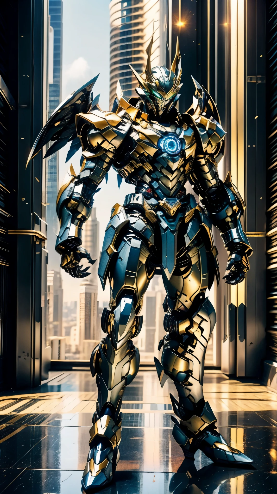 A man wearing a full-face helmet, a fantasy-style biotech armored combat suit, green eyes, (a composite layered chest armor), fully enclosed shoulder guards, matching arm and leg guards, the belt is adorned with Falcon Wing, (the color scheme is primarily white with red and blue accents), the design balances heavy with agility, a high-tech bio-mecha armor, (Armor Concept Inspired by Falcon, stand on the top of a skyscraper in a futuristic sci-fi city), this character embodies a finely crafted fantasy-surreal style armored hero in anime style, exquisite and mature manga art style, (element, plasma, energy, the armor glows), ((male:1.5)), metallic, real texture material, dramatic, high definition, best quality, highres, ultra-detailed, ultra-fine painting, extremely delicate, professional, perfect body proportions, golden ratio, anatomically correct, symmetrical face, extremely detailed eyes and face, high quality eyes, creativity, RAW photo, UHD, 32k, Natural light, cinematic lighting, masterpiece-anatomy-perfect, masterpiece:1.5
