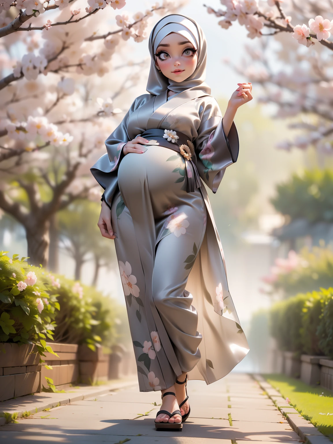 ((Masterpiece, best quality, photography, detailed skin, 8k, highly detailed, full body, High detail RAW color art, diffused soft lighting, shallow depth of field, sharp focus, hyperrealism, cinematic lighting, hijab, a woman, beautifully makeup, eyeshadow, beautiful big eyes, brown eyes, long eye lashes, sagging large breast, saggy body, an evil gaze that seduces, pregnant, wearing (Taupe satin hijab), loosely tide hijab style, ((gray satin floral kimono)), dancing, sakura garden, sakura falls
