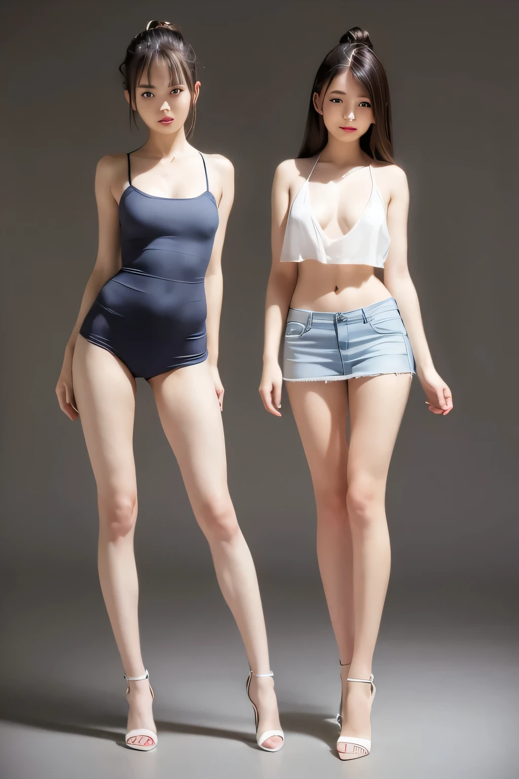 (highest quality, HD masterpiece: 1.3), concentrated: 1.2, (Two beautiful women with perfect bodies): 1.2, Narrow waist: 1.2, Hips: 1.2, (( Fashion short straight distribution: 1.5, Big breasts and beautiful boobs: 1.2)), (Wet clothes: 1.1) , (rain, street:1.3),(White sleeveless): 1.1, ( Denim short skirt, Open the navel, Perfect Thin Thighs: 1.2), Highly detailed face and skin texture,((Well-formed eyes)),A neat nose, fine eye, double eyelid, White skin, smile: 1.2, happiness: 1.2, teeth, tongue, eye, Lip gloss, Ultra-Realistic Details, Wide Lighting, Natural Shadows, Photograph the whole body: 1.8,Ultra slim,Long legore than halfway down the leg)),(Small Hips),Thin legs,long thighs,(Thin thighs),quite muscular body,Super toned waist,(Six-pack),Narrow waist,White high heels,(barefoot),tall,Slender model body shape,Attention posture,((High exposure)),lengthen limbs,((Inseam is more than half of the total)),(Standing pose with legs together),Stand with your shoes together,Height: 175cm,tall,high school girl,15-year-old student,I can see your chest,Round eyes,(Beautiful nose),((Attention posture)),Facing forward,((Extraordinary leg length)),Long hands,Thin hands,Crisp body shape,Standing still,information