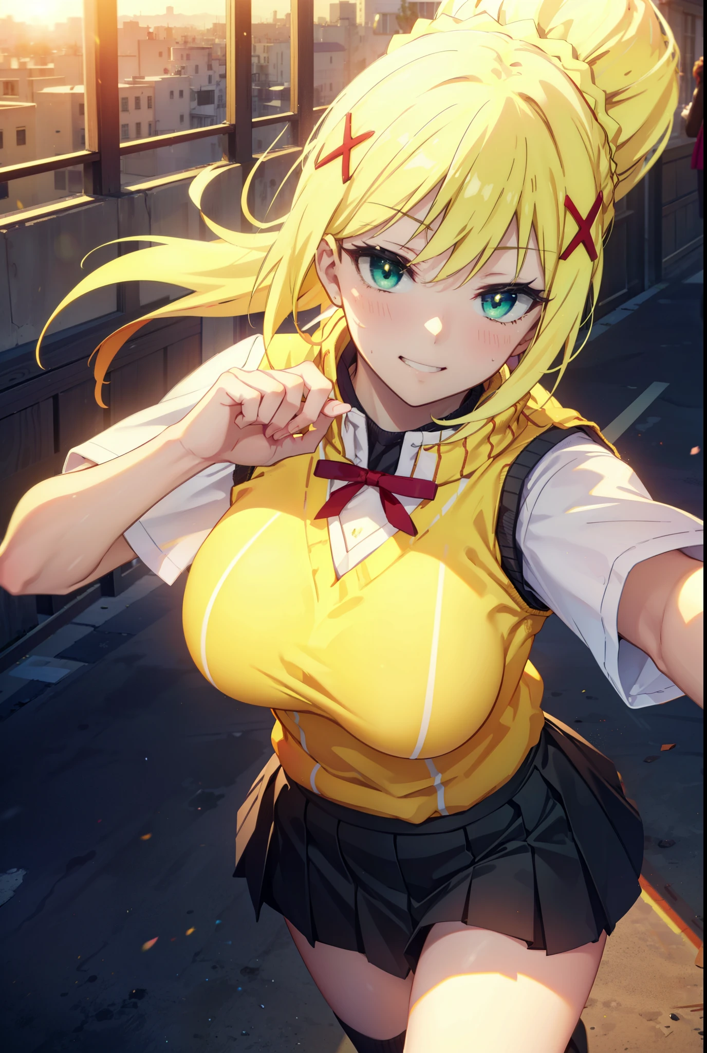 Lalatina Dusty Nesford, Lalatina Dustiness Ford, darkness \(KonoSuba\), Long Hair, (Green Eyes:1.3), Blonde, hair ornaments, ponytail, Braiding, x hair ornaments,Big Breasts,smile, Grin, White shirt,Short sleeve,Sweater vest, Black knee-high socks,(yellow Sweater vest:1.5),Black pleated skirt,Black Loafers,whole bodyがイラストに入るように,Walking,Sunset,evening,The sun is setting, break outdoor,In town,Building district,,crowd, people々々々々々, break looking at viewer, whole body, break (masterpiece:1.2), highest quality, High resolution, unity 8k wallpaper, (shape:0.8), (Beautiful and beautiful eyes:1.6), Highly detailed face, Perfect lighting, Extremely detailed CG, (Perfect hands, Perfect Anatomy),