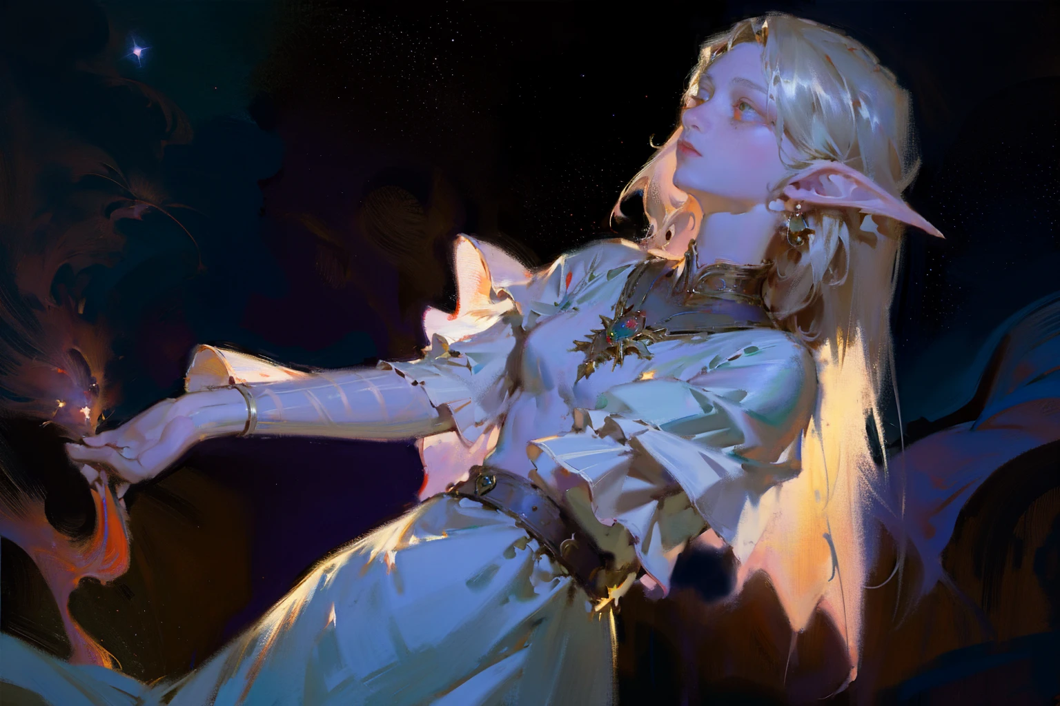 fullbody painting，detailed full body portrait，(The girl looks up at the stars), masterpiece, best quality, realistic illustration, regal elegant drow elf witch looking over porcelain balcony, arm support, piercing red eyes, portrait, close-up, depth of field, (light particles:1.1), bloom, HDR, night sky  , white dresse, Mandy Jürgens (Mandy Jurgens) Realistic paintings created, arte figurativa, Detailed depiction of the, realistically, An artwork of, contours， seen from the side， simple backgound