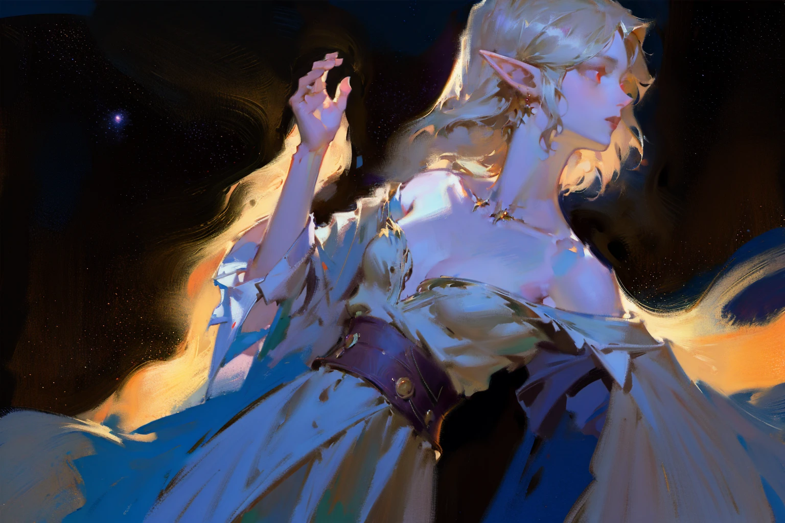 fullbody painting,detailed full body portrait,(The girl looks up at the stars), masterpiece, best quality, realistic illustration, regal elegant drow elf witch looking over porcelain balcony, arm support, piercing red eyes, portrait, close-up, depth of field, (light particles:1.1), bloom, HDR, night sky , white dresse, Mandy Jürgens (Mandy Jurgens) Realistic paintings created, arte figurativa, Detailed depiction of the, realistically, An artwork of, contours, seen from the side, simple backgound