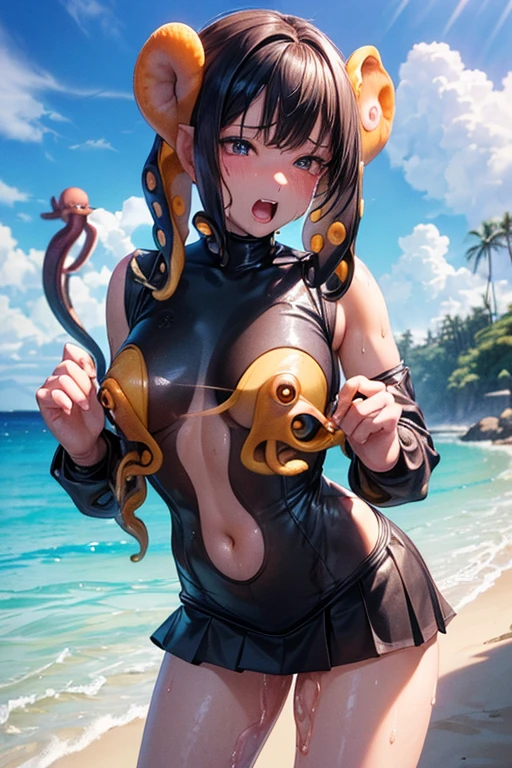 Browsing Caution,  (Best image quality,highest quality,Highest Resolution, Ultra-Realistic Images,Very detailed,masterpiece),One Woman,,(((Sticky with sweat))), ((octopusの触手)), (((octopus)))((Mouth open)),((mini skirt, Bodysuits))(Happy Ahegao),(Black-haired,),((Sandy Beach,,)),((Your clothes are torn)),Browsing Caution