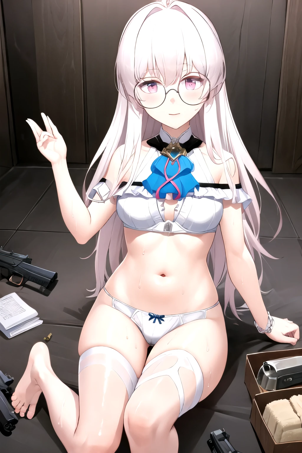 masterpiece, best quality, (1 Girl, Solitary), vr-kiyuu, have, Glasses, Double tail，White underwear，White bra，(Target your audience:1.4), (持pistol:1.2),pistol,despair，whole body，Barefoot，quilt，Hands raised，quilt绑在射击靶上，Preparation for Execution，Wet clothing