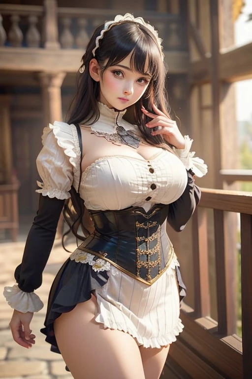 beautiful young woman, big breasts, small waist, big hips, European view (A European view), in an intricate, Victorian outfit