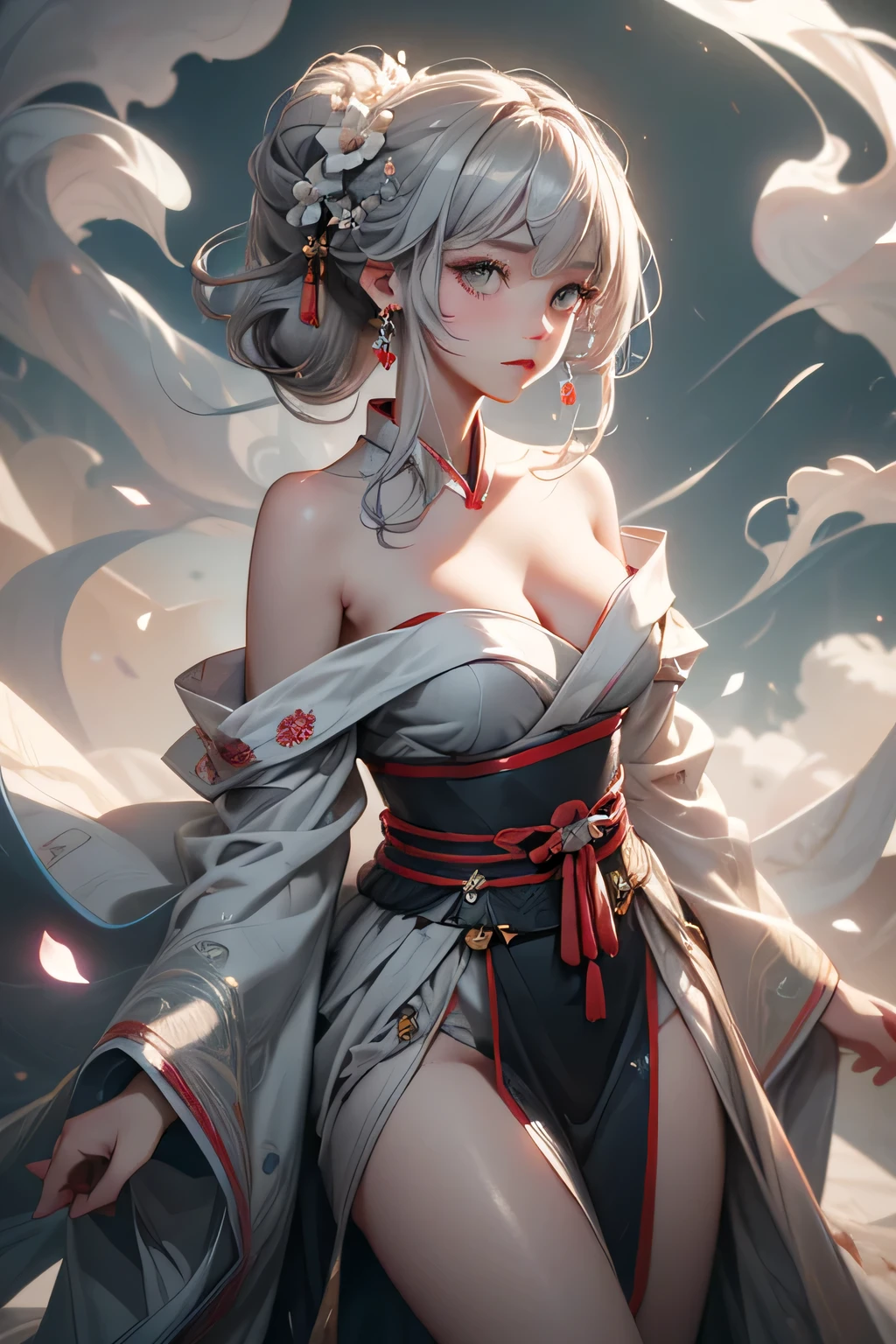 super high quality, masterpiece, Perfect illustration, Very detailed (Exquisite light and shadow, Very dramatic photo,Backlight) , ((Gray Hair:1.5))1 girl, alone, (Wearing Han clothes, Royalty、Black and white Hanfu,Thick fabric,Long sleeve) Flower Field, Flowers, (White smoke:1.3) (Realistic:1.4), Zen Intertwining, Tangled, Official Art, unity 8k wallpaper, Very detailed, Beautiful and beautiful, masterpiece, highest quality, (Dynamic Angle: 1.4), Glowing Skin, (Floating colorful flashes: 1) The most beautiful chaotic shapes, elegant, Brutalist Design, Bright colors, Romantic Depth of Field Exotic_dance, half_naked、((Off the shoulder、medium breasts、Beautiful cleavage))
