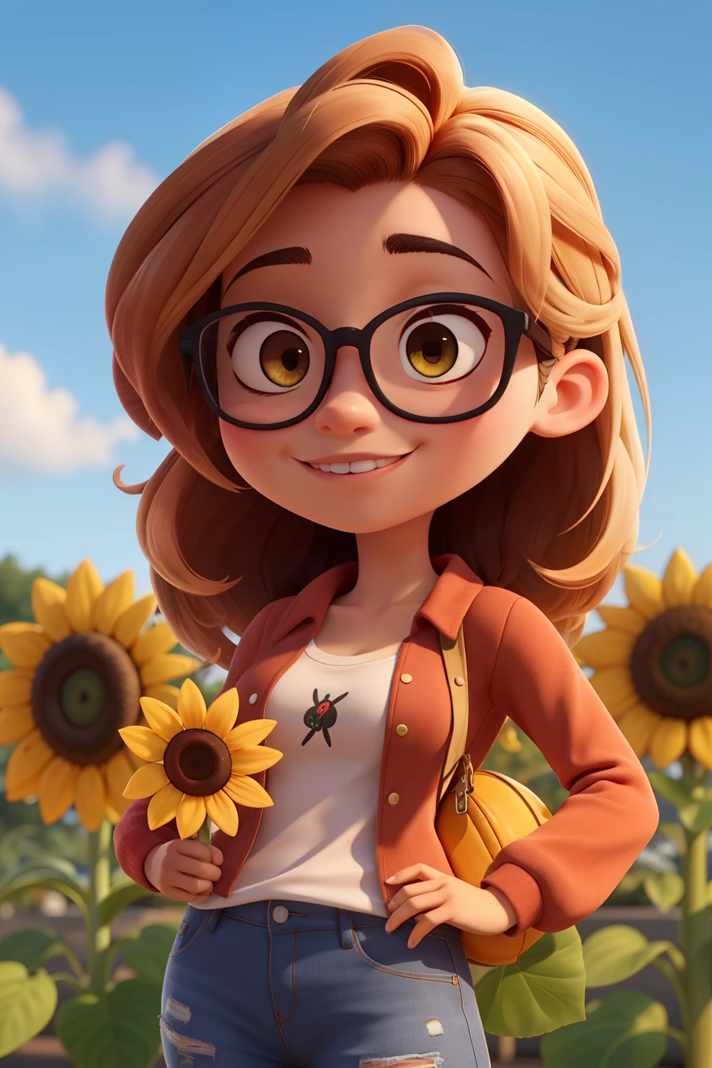 uma jovem sozinha, com cabelo solto cor de cobre, brown eyes and glasses ,holding some sunflowers 