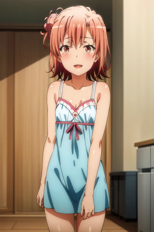 ((highest quality)), ((masterpiece)), (be familiar with), Perfect Face, indoor, Bedroom, Watching the audience,
One woman, Yuigahama Yui,
Open Mouth, Ecstatic expression, blush, smile,
Small breasts, Flat Chest, Young Girl, , , Girl,
Short Hair, Salmon-colored hair, Salmon-colored eyes, Side Pony,
Leg spread,