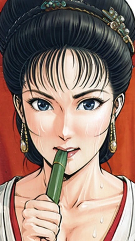 (best quality), (very aesthetic), (ultra-detailed), (best illustration),NSFW,a mature female,Perfect Face,Suikoden,Mrs. Lin,(full_body),big breast,red cheek,Sweating,skinny, chinese traditional lingerie,chinese traditional style bed,White semen is stuck to the mouth,Wiping his mouth with his hand。