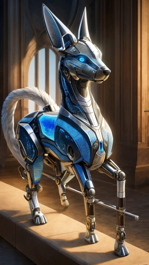 Imagine a unique and surprising dog that combines the beauty of an animal with the precision of mechanical engineering. This super-realistic dog has a shiny, soft coat that blends perfectly with the metallic and machined parts of its body.. Sus ojos brillan con una luz inteligente y curiosa, while their mechanical ears move precisely to pick up distant sounds. Every step you take reveals a delicate balance between the organic and the artificial., with metal legs that unfold with grace and elegance. Its sensitive nose is equipped with high-tech sensors, and its mechanical tail swings with almost hypnotic precision. This super-realistic dog is a work of biomechanical art, a perfect fusion between nature and technology."