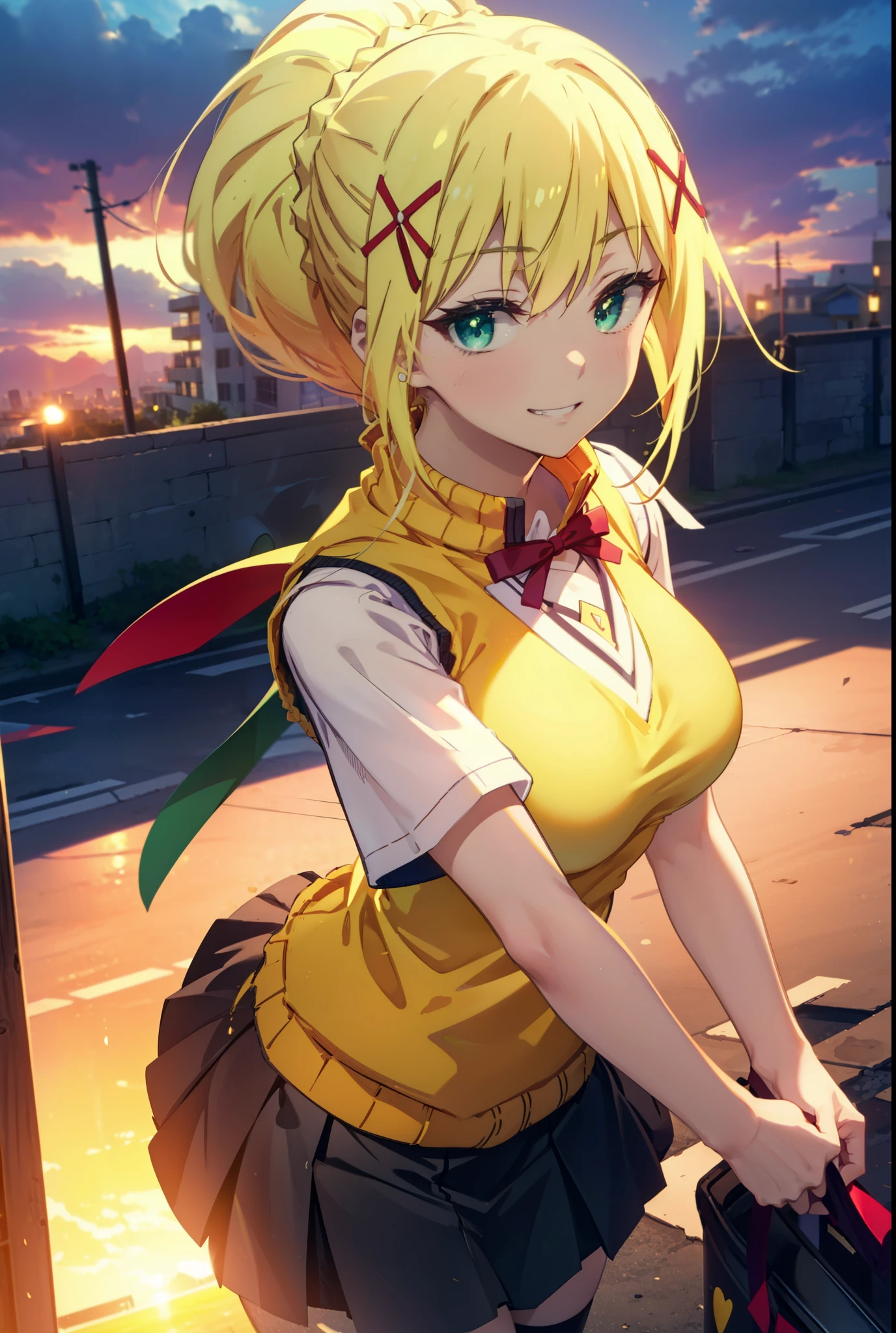 Lalatina Dusty Nesford, Lalatina Dustiness Ford, darkness \(KonoSuba\), Long Hair, (Green Eyes:1.3), Blonde, hair ornaments, ponytail, Braiding, x hair ornaments,Big Breasts,smile, Grin, White Y-shirt,Short sleeve,Sweater vest, Black knee-high socks,(yellow Sweater vest:1.5),Black pleated skirt,Black Loafers,whole bodyがイラストに入るように,Walking,Sunset,evening,The sun is setting, break outdoor,In town,Building district,,crowd, people々々々々々, break looking at viewer, whole body, break (masterpiece:1.2), highest quality, High resolution, unity 8k wallpaper, (shape:0.8), (Beautiful and beautiful eyes:1.6), Highly detailed face, Perfect lighting, Extremely detailed CG, (Perfect hands, Perfect Anatomy),