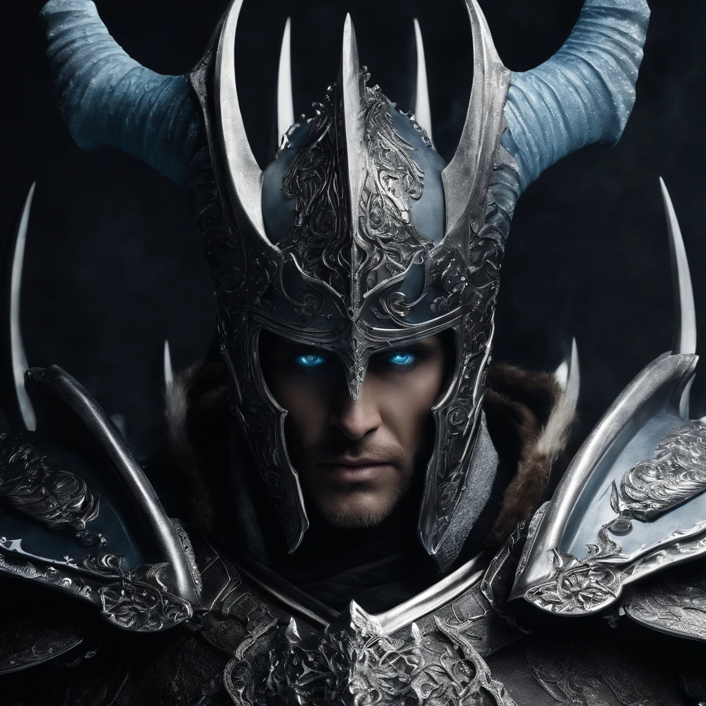 Lich king, com a espada flagelo de gelo, cabelos brancos e compridos olhos cinzetos armadura negra capa nefra com detalhes em fogo