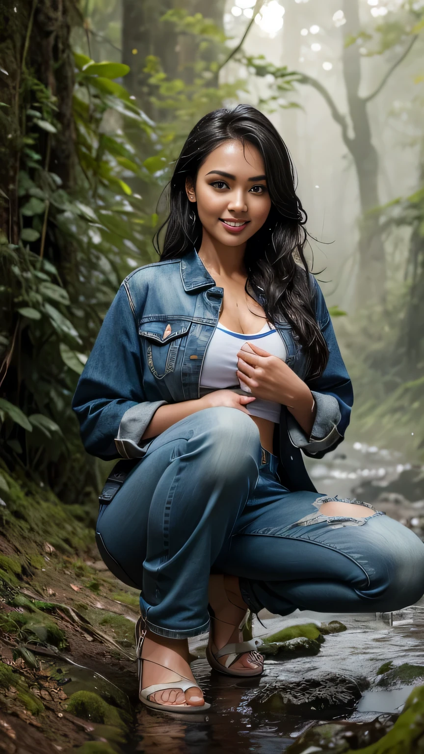 RAW, Best quality, high resolution, masterpiece: 1.3), beautiful Malay woman in raincoat, high resolution, Masterpiece: 1.3, Masterpiece, Soft smile, black hair, crouching on rock, raining, vines all around, giant and wet trees ,bright sunshine, denim jacket unbuttoned, crop top, long pants, highres,4k,HDR,1girl, photorealistic, realistic,sweat skin, wet clothes, wet body, big breast, ((full body))soaked, dripping, smiling at viewer, closeup