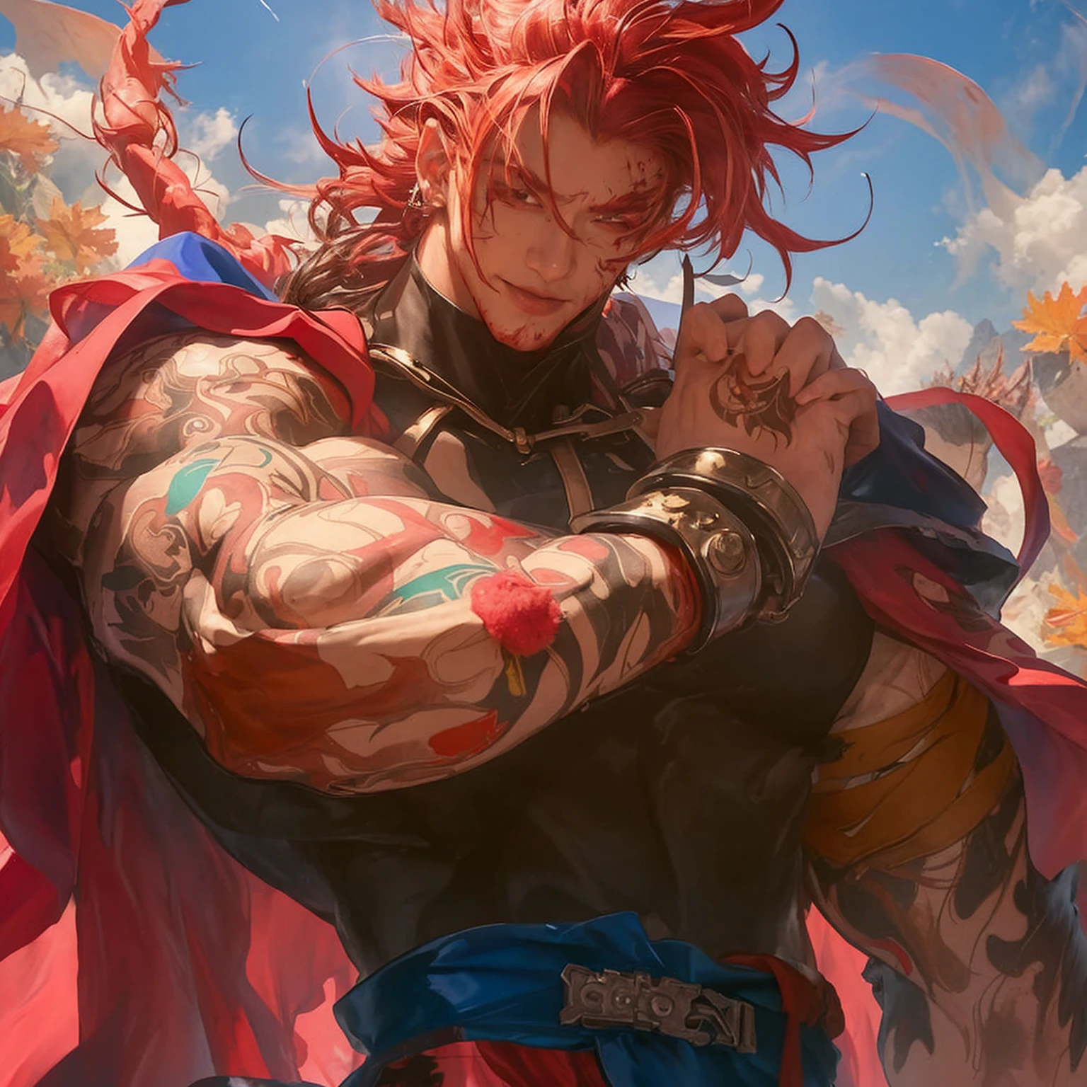 red eyes, floating hair, adorned in animal hide garb, exuding a raw and primal charm. His lithe yet powerfully built frame forms an inverted triangular shape, while the subject stands with fists clenched, a picture of quiet strength as he commands the summit of a mountain., with fists clenched, standing atop a mountain peak., ruins, grin, colorful, huge filesize, in autumn, in summer, tombstone, panorama, red waistband, beautiful detailed glow, flames of war, nuclear explosion behide, red long hair, full body, Blood drop, Blood fog, disheveled hair, Splashing blood, Bloodstain, normal quality, male, thick eyebrows, parted lips, big nose, fang