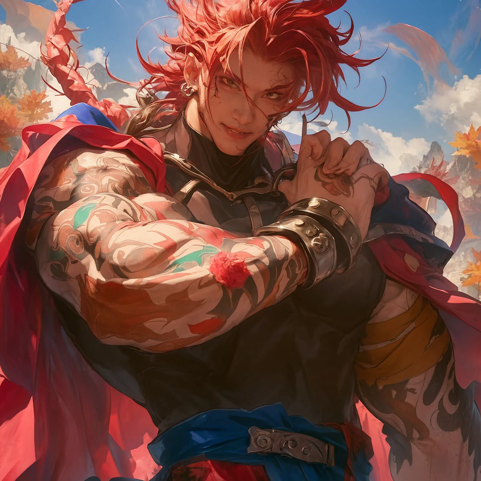 red eyes, floating hair, adorned in animal hide garb, exuding a raw and primal charm. His lithe yet powerfully built frame forms an inverted triangular shape, while the subject stands with fists clenched, a picture of quiet strength as he commands the summit of a mountain., with fists clenched, standing atop a mountain peak., ruins, grin, colorful, huge filesize, in autumn, in summer, tombstone, panorama, red waistband, beautiful detailed glow, flames of war, nuclear explosion behide, red long hair, full body, Blood drop, Blood fog, disheveled hair, Splashing blood, Bloodstain, normal quality, male, thick eyebrows, parted lips, big nose, fang
