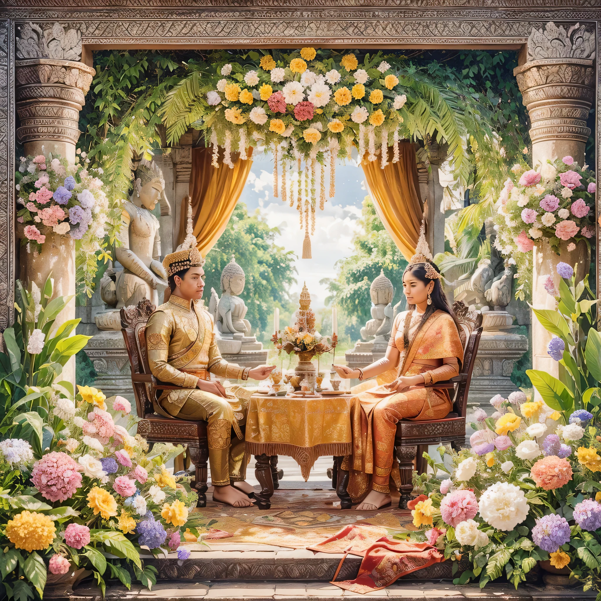 There is Somāsivika, beautiful as in history, sits alongside Suriya Jayavarman VII, the great warrior from ancient Khmer history, sitting side by side in a flower house on chairs with a beautiful table in the middle, surrounded by many beautiful flowers and has Sweet smell, atmosphere in front of Khmer Phimai castle, Mae Somasi Vika, sharp eyes, 48 k clarity, 8 k realism, 6 D, world-class work, creative mosaic —w 1000 -H 2000, Somasivika and Suriya Jayavarman VII Beautiful, handsome, like history, realistic, cinematic, 8k, movie very detailed, full body image, picture shape and smooth, 360 degree vertical image Multi-di